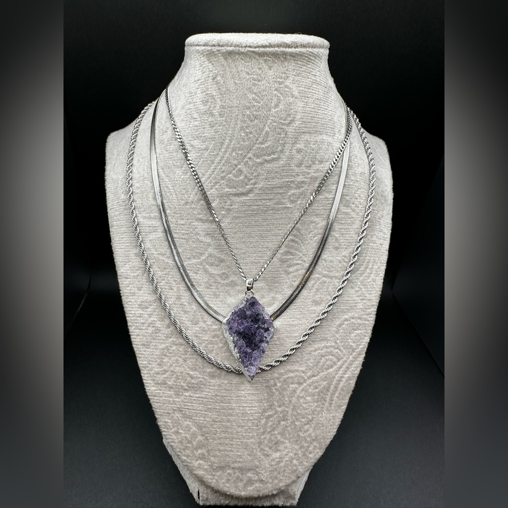 Silver Layered Necklaces with Amethyst Pendant